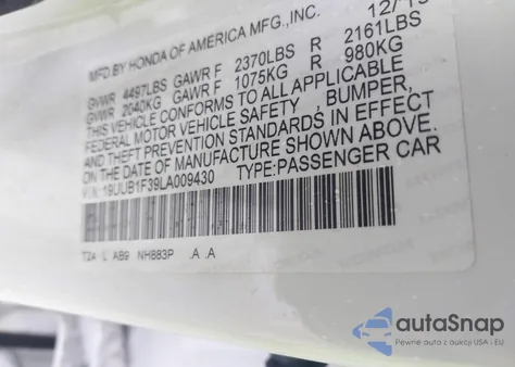 2020 Acura Tlx Standard z USA, uszkodzony, nr VIN 19UUB1F39LA009430